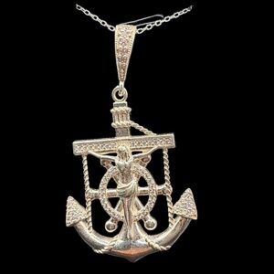 Moissanite Anchor & Sailor Wheel Pendant Necklace
